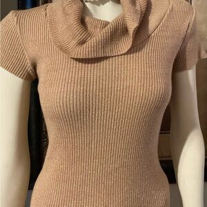 Hera Collection Ribbed Cowl Neck Sweater in Tan